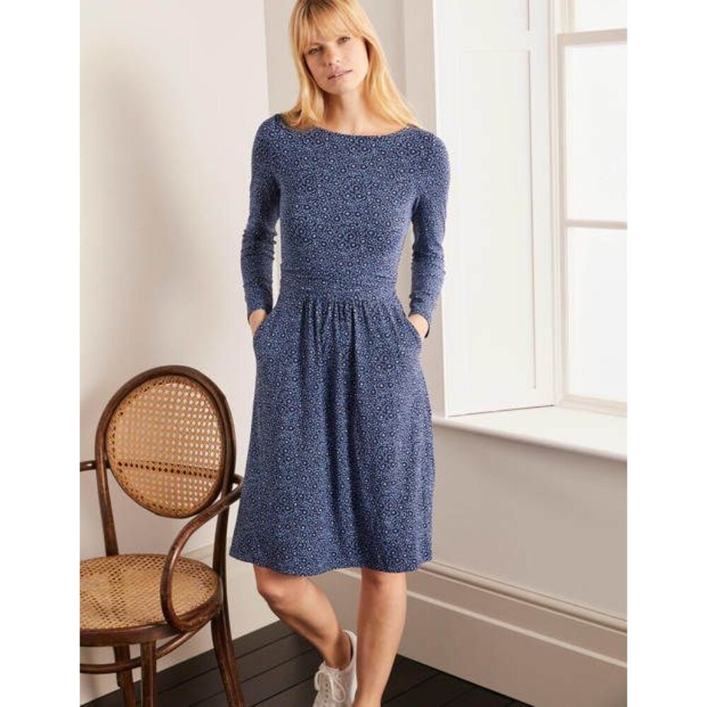 BODEN Abigail Jersey Dress Midi Painted Posey Blue Floral sz 14 Women's